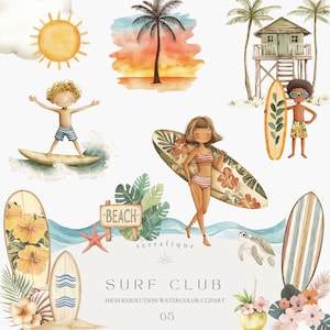 Clipart de surf mignon aquarelle rétro surf plage vacances planches de surf océan été fête invitation usage commercial Clipart ventes illimitées
