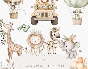 Boho Safari Animals Watercolor Clipart: Baby Shower Invitation (PNG, PDF)