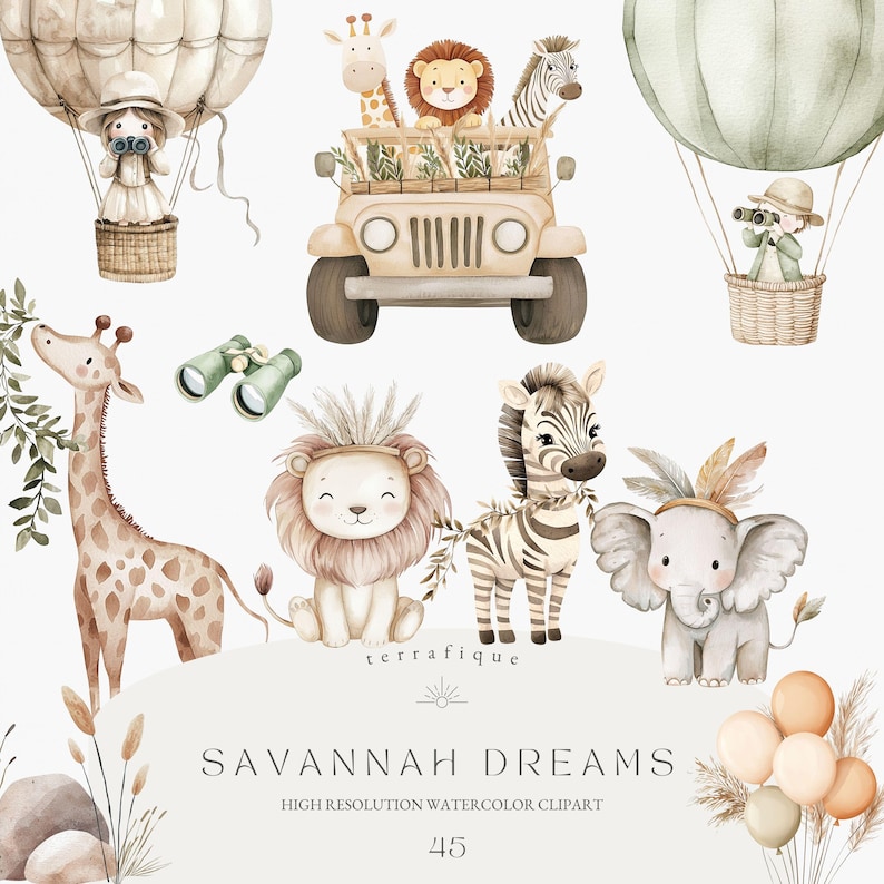 Boho Safari Animals Watercolor Clipart: Baby Shower Invitation (PNG, PDF) image 1
