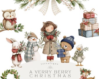 Imágenes prediseñadas navideñas estilo cottagecore, animales acogedores con bayas en acuarela PNG, gráficos navideños vintage, guardería navideña con temática de bosque, uso comercial.