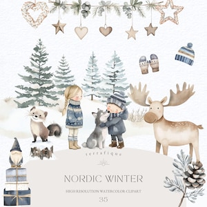 Clipart de inverno nórdico azul natal caprichoso fofo crianças animais da floresta escandinavo rústico festivo berçário crianças clipart uso comercial