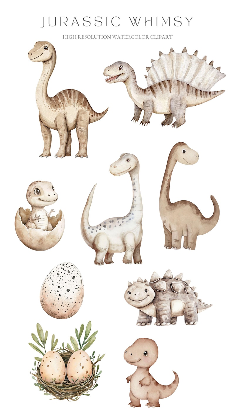 K&ouml;nnte beinhalten: Ein Set mit Aquarell-Dinosaurier-Illustrationen, darunter ein Stegosaurus, ein Brachiosaurus, ein Baby-Dinosaurier, der aus einem Ei schl&uuml;pft, ein Dinosaurier-Nest mit zwei Eiern, ein Dinosaurier-Ei und ein Triceratops. Die Dinosaurier sind alle braun und beige mit wei&szlig;en Akzenten. Die Illustrationen sind perfekt zum Erstellen von Karten, Einladungen oder anderen Bastelarbeiten.
