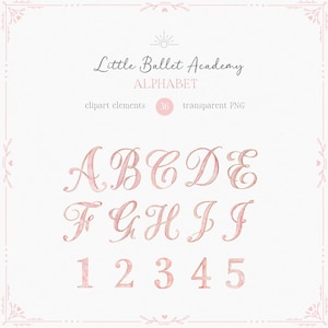 May include: A watercolor alphabet and numbers set in a soft pink hue, with a delicate, elegant script. The image includes the letters A through J and the numbers 1 through 5. The text "Little Ballet Academy" and "ALPHABET" are also visible.