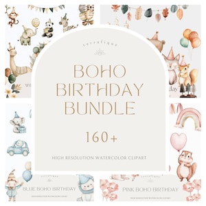 Clipartbundel Boho verjaardagscollectie bos Safari roze blauw grillige dieren en partij aquarel commercieel gebruik kwekerij Clipart
