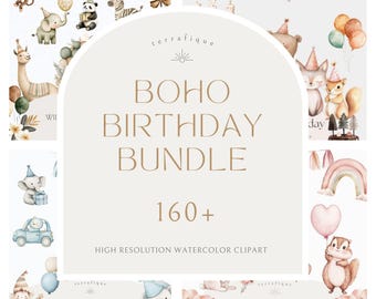 Clipart Bundle Boho Birthday Collection Woodland Safari Pink Blue Whimsical Animals and Party Watercolor Commercial Use Nursery Clipart