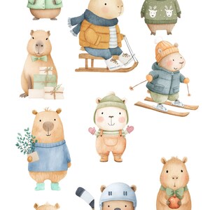 May include: Watercolor clipart featuring capybaras in winter attire. The illustrations include capybaras wearing winter coats, sweaters, hats, and scarves. Some are engaged in winter activities like sledding and skiing. The text at the top reads "CAPYBARA WINTER".