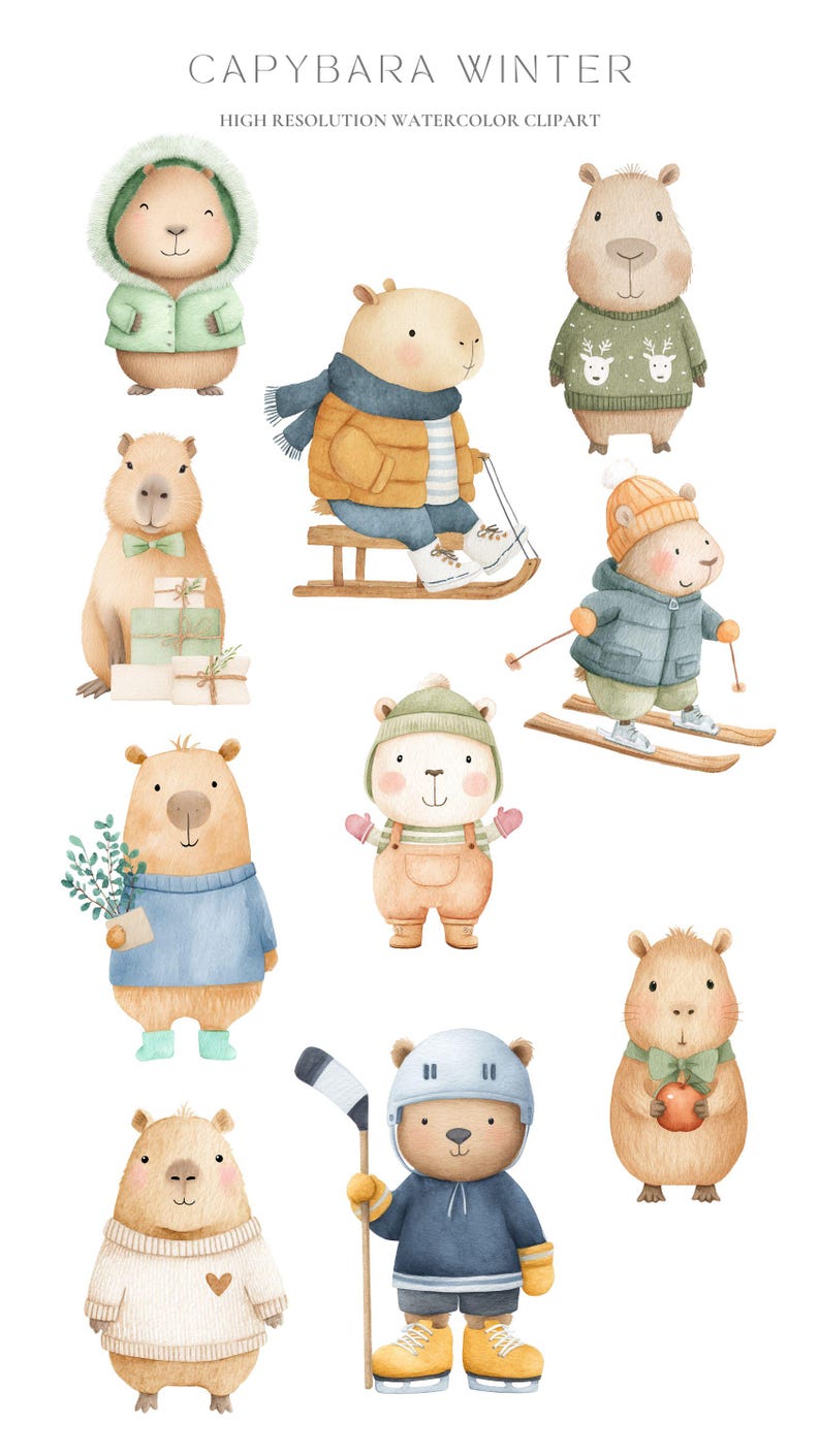 May include: Watercolor clipart featuring capybaras in winter attire. The illustrations include capybaras wearing winter coats, sweaters, hats, and scarves. Some are engaged in winter activities like sledding and skiing. The text at the top reads "CAPYBARA WINTER".
