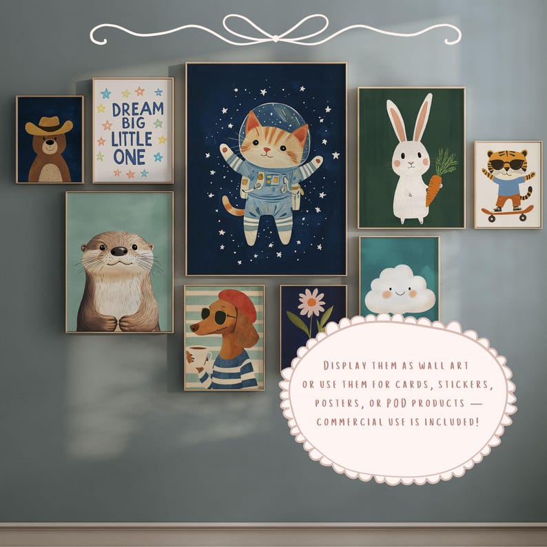 May include: A collection of framed art prints featuring whimsical animal illustrations. The artwork includes a bear in a cowboy hat, a cat in a spacesuit, a rabbit with a carrot, and a tiger on a skateboard. The prints are displayed on a blue wall.