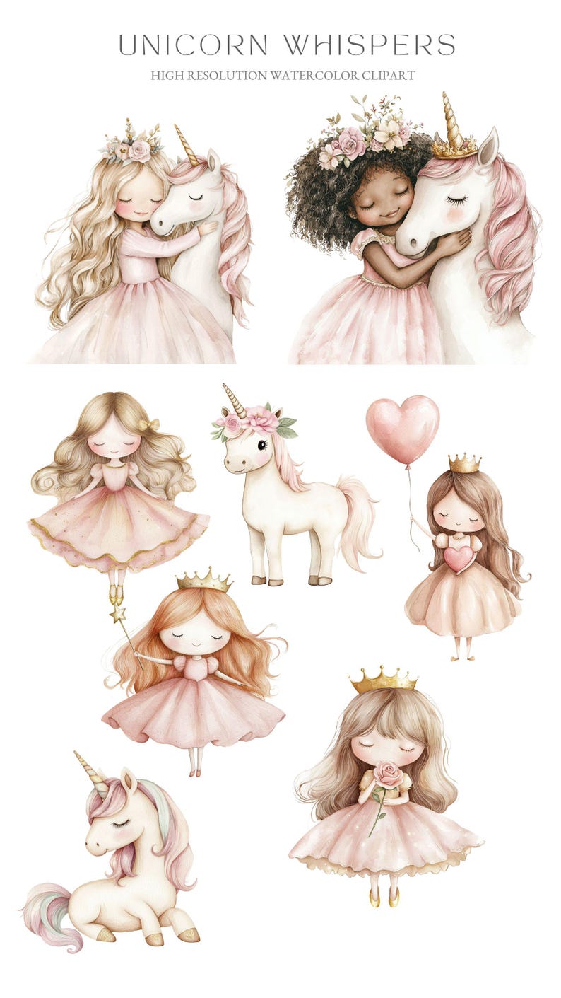 Princess & Unicorn Clipart: Pink Gold Fantasy Graphics (PNG) - Etsy