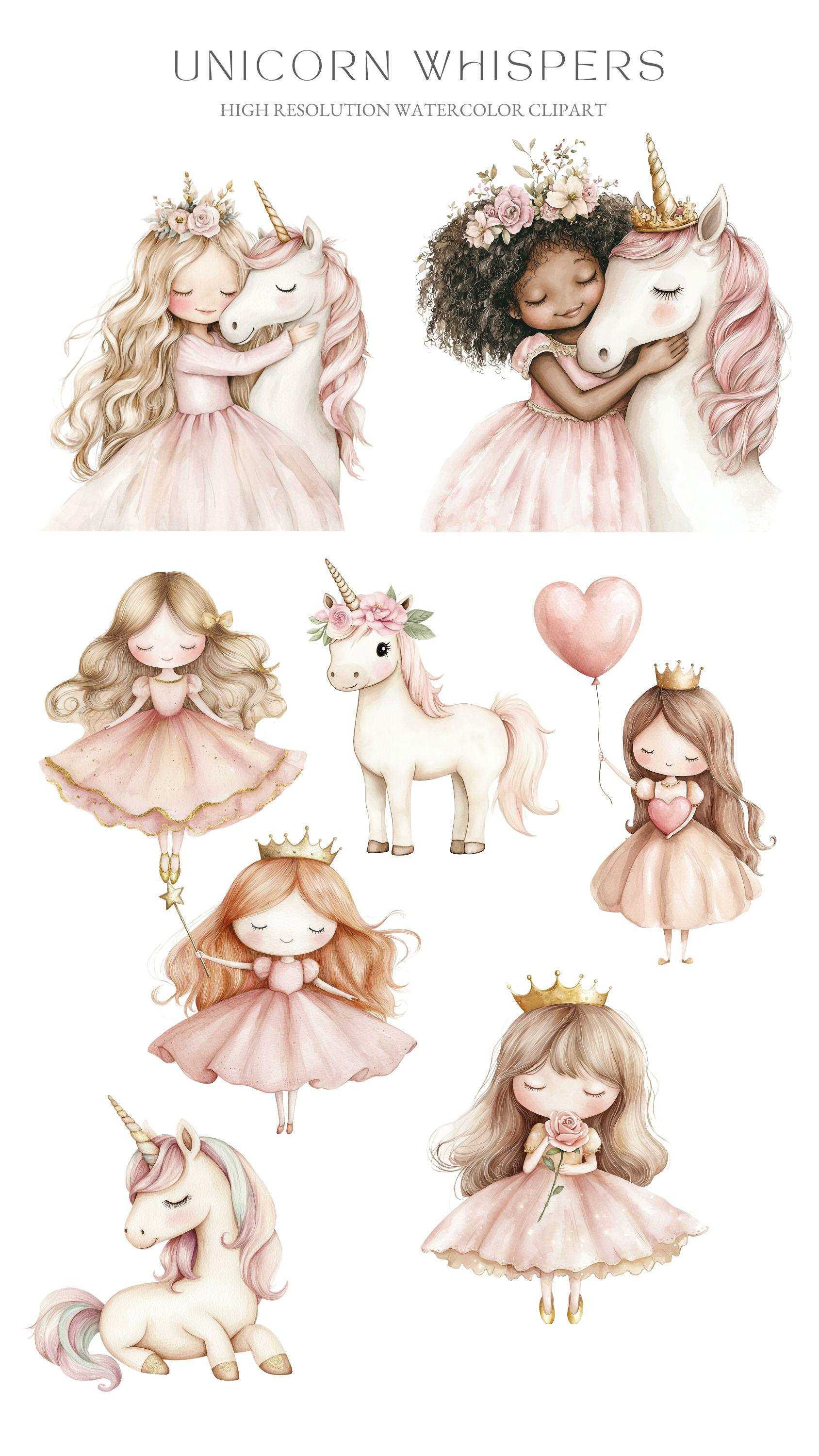 Princess & Unicorn Clipart: Pink Gold Fantasy Graphics (PNG) - Etsy
