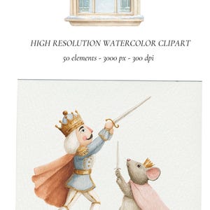 K&ouml;nnte beinhalten: Aquarell-Clipart mit einer Winterfensterszene mit einem Kranz und fallendem Schnee. Darunter ein Nussknacker in einer blau-goldenen Uniform mit einem Schwert, der einer Maus mit rosa Umhang und Schwert gegen&uuml;bersteht. Text: HIGH RESOLUTION WATERCOLOR CLIPART.