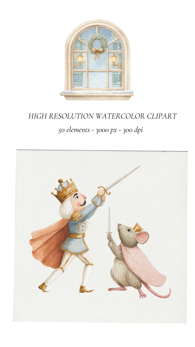 K&ouml;nnte beinhalten: Aquarell-Clipart mit einer Winterfensterszene mit einem Kranz und fallendem Schnee. Darunter ein Nussknacker in einer blau-goldenen Uniform mit einem Schwert, der einer Maus mit rosa Umhang und Schwert gegen&uuml;bersteht. Text: HIGH RESOLUTION WATERCOLOR CLIPART.