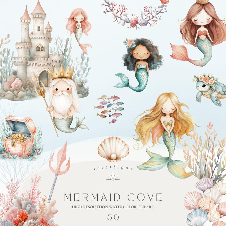 Puede incluir: Un conjunto de 50 im&aacute;genes de clipart de acuarela que representan sirenas, un castillo, una tortuga marina, conchas marinas y algas marinas. Las im&aacute;genes est&aacute;n en una gama de colores azul claro, rosa y verde.