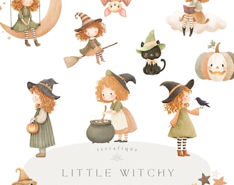 Cute Witch Clipart Watercolor, Pastel Halloween Witch PNG, Whimsical Witch Graphics, Cute Halloween Clipart, Spooky Girl Clipart