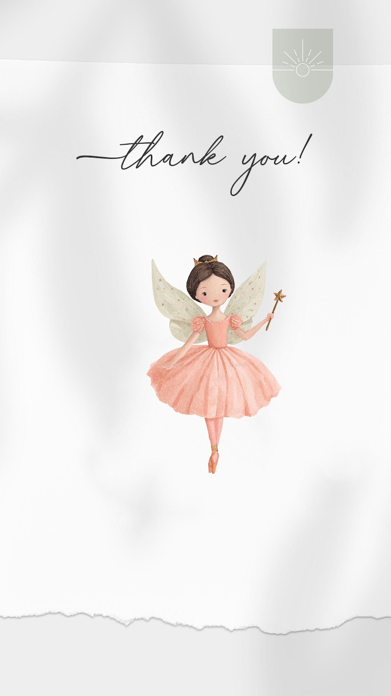 K&ouml;nnte beinhalten: Aquarell-Illustration einer Fee in einem rosa Kleid, die einen sternf&ouml;rmigen Zauberstab h&auml;lt. Die Fee hat braunes Haar, eine goldene Krone und zarte Fl&uuml;gel. Die Worte "thank you!" sind in Kursivschrift geschrieben.