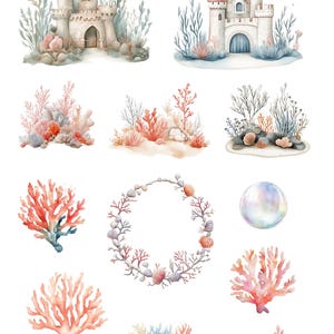 Puede incluir: Ilustraciones de acuarela de una cala de sirenas con dos castillos, coral, algas marinas y una perla. Las ilustraciones son perfectas para crear invitaciones, tarjetas u otras manualidades.