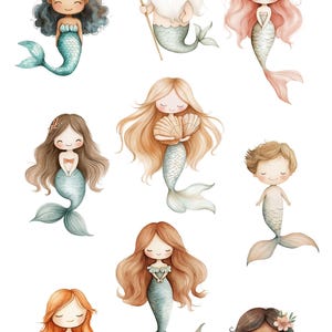 Puede incluir: Un conjunto de nueve ilustraciones de acuarela que representan sirenas, un trit&oacute;n y un rey del mar. Las sirenas tienen el pelo largo y fluido en varios colores, incluyendo rosa, marr&oacute;n, rojo y negro. Todas llevan conchas y tienen caras sonrientes. El trit&oacute;n tiene el pelo marr&oacute;n y lleva una concha. El rey del mar tiene barba blanca y lleva una corona de oro. Est&aacute; sosteniendo un tridente. Las ilustraciones est&aacute;n todas sobre un fondo blanco.