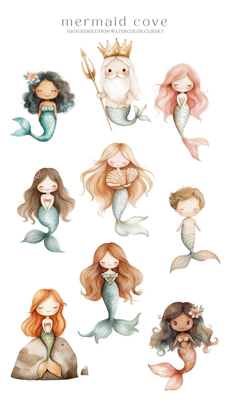 Puede incluir: Un conjunto de nueve ilustraciones de acuarela que representan sirenas, un trit&oacute;n y un rey del mar. Las sirenas tienen el pelo largo y fluido en varios colores, incluyendo rosa, marr&oacute;n, rojo y negro. Todas llevan conchas y tienen caras sonrientes. El trit&oacute;n tiene el pelo marr&oacute;n y lleva una concha. El rey del mar tiene barba blanca y lleva una corona de oro. Est&aacute; sosteniendo un tridente. Las ilustraciones est&aacute;n todas sobre un fondo blanco.