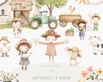 May include: Watercolor clipart set featuring a spring farm theme. The set includes a red barn with a sign that says "Spring Farm", a green tractor, a scarecrow, a cow, a duck, a mouse, a girl with a basket of flowers, a girl with a pitchfork, a girl holding a duckling, a watering can, and flowers.