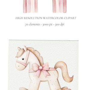 May include: A watercolor illustration of a rocking horse with a pink bow. The horse is white with brown mane and tail. The rocking base is brown wood.