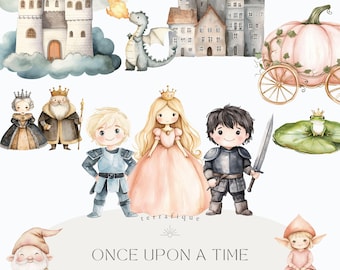 Fairytale Watercolor Clipart: Princess, Dragon, Castle (PNG Digital Download)