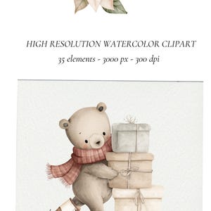 Puede incluir: Ilustraci&oacute;n en acuarela de un oso de peluche con bufanda y patines, llevando regalos. Arriba, flores de pascua en acuarela. El texto dice: "HIGH RESOLUTION WATERCOLOR CLIPART 35 elementos - 3000 px - 300 dpi."