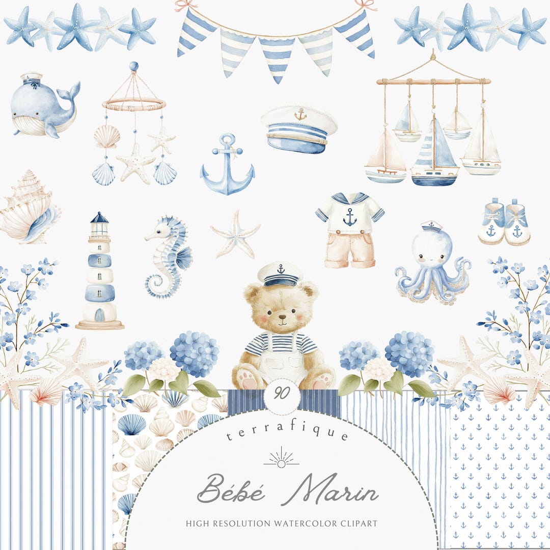 Coastal Nursery Clipart Watercolor Nautical Baby Shower Sea Graphics ...