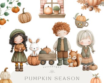 Pumpkin Season Clipart, Watercolor Autumn Harvest PNG, Fall Kids Nursery Graphics, Cute Pumpkin Characters, Cottagecore Commercial