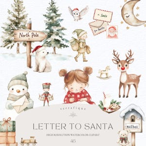 Oficina do Papai Noel Clipart Bonito Caprichoso Natal Brinquedos Vintage Pólo Norte Elfos Rena Crianças Uso Comercial PNG Pacote Carta para o Papai Noel