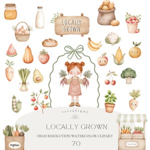 Könnte beinhalten: Aquarell-Illustration mit einer Vielzahl von frischen Produkten und einem jungen Mädchen, das Radieschen hält. Enthält ein Holzschild mit der Aufschrift "Locally Grown" sowie andere Früchte und Gemüse wie Karotten, Äpfel und Bananen. Hochauflösende Aquarell-Cliparts.