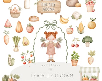 Pacchetto di clipart del mercato agricolo, bancarelle di frutta e verdura ad acquerello (download digitale)