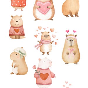 May include: Watercolor clipart featuring adorable capybaras in winter attire. The illustrations include capybaras wearing sweaters, hats, and scarves, some holding hearts or surrounded by hearts. The text "CAPYBARA WINTER" and "HIGH RESOLUTION WATERCOLOR CLIPART" are at the top.