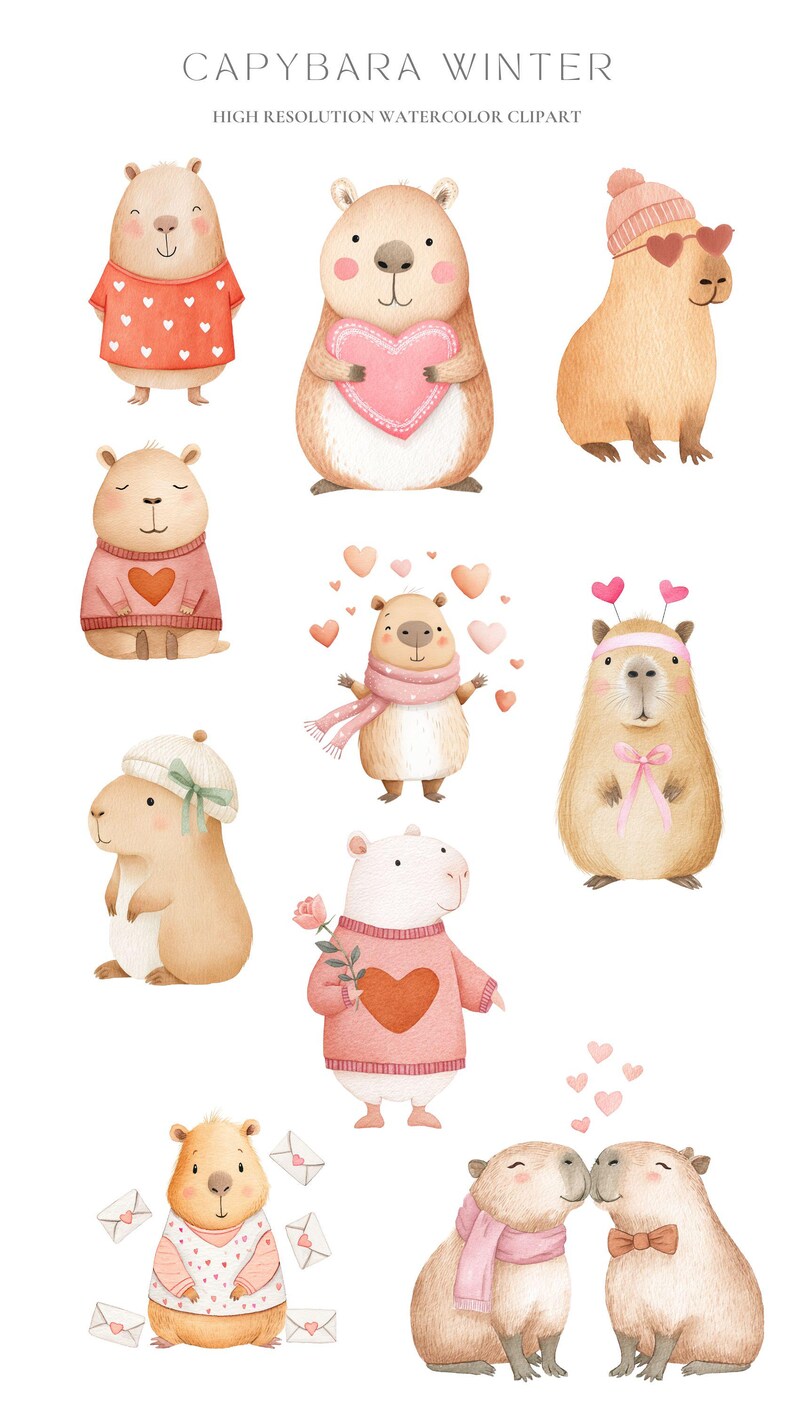 May include: Watercolor clipart featuring adorable capybaras in winter attire. The illustrations include capybaras wearing sweaters, hats, and scarves, some holding hearts or surrounded by hearts. The text "CAPYBARA WINTER" and "HIGH RESOLUTION WATERCOLOR CLIPART" are at the top.