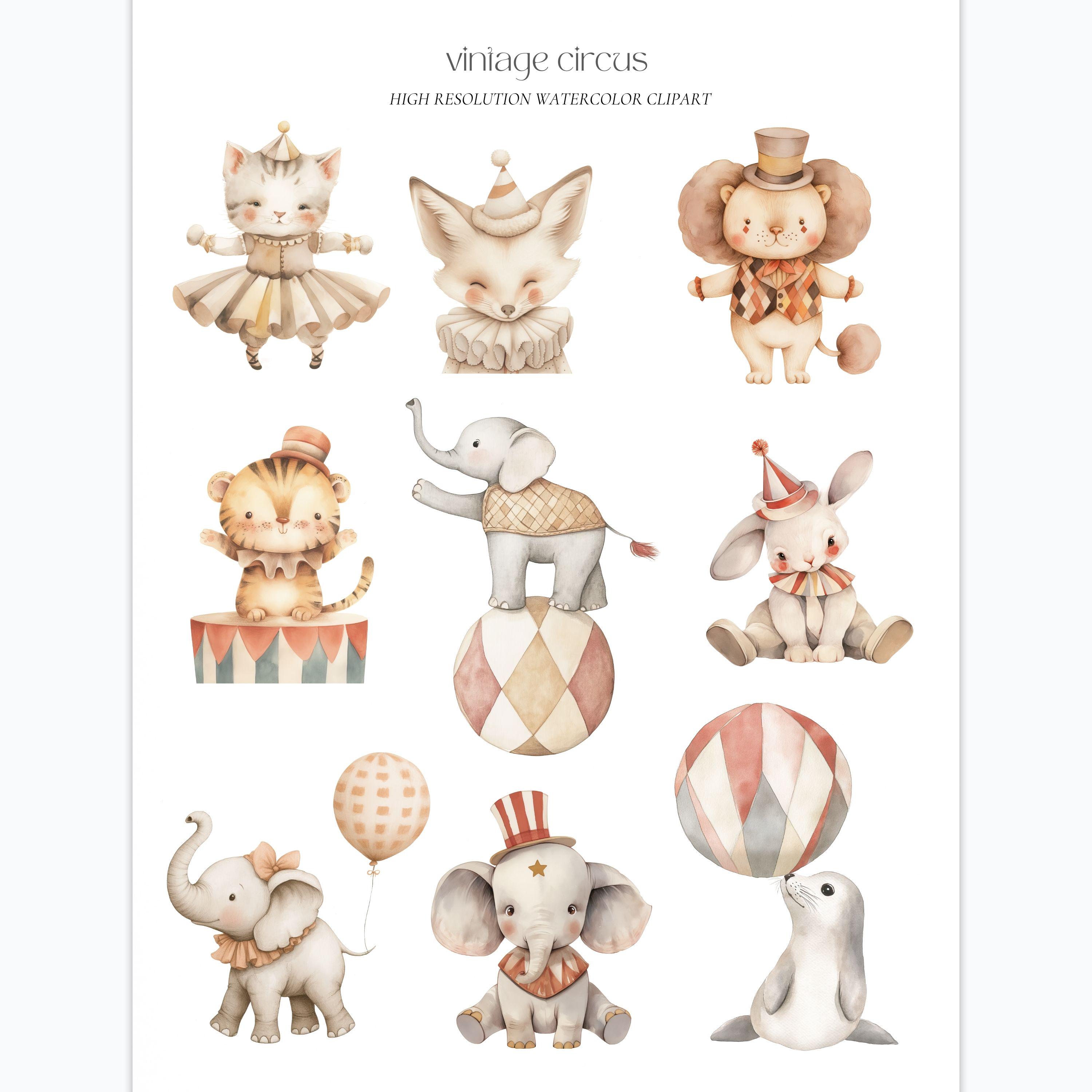 Vintage Circus Clipart, Watercolor Carousel Animals Balloons PNG ...