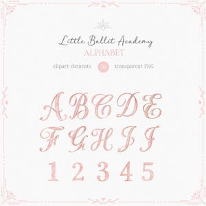Puede incluir: Un conjunto de letras y números del alfabeto en acuarela rosa, con un contorno dorado. La imagen incluye las letras de la A a la J y los números del 1 al 5. También se ve el texto "Little Ballet Academy" y "ALPHABET".