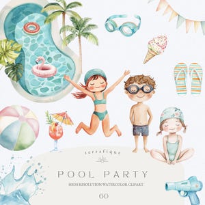 Clipart de fiesta en la piscina, diversión de verano, lindos cócteles para niños, flotadores de helado, accesorios de playa, invitación para fiesta, clipart de uso comercial