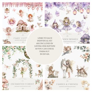 May include: Four digital illustrations of watercolor clipart featuring fairies, flowers, and woodland creatures. The sets are titled "Fairy Cottage", "Under Wishes", "Enchanted Forest", and "Fairies & Friends".