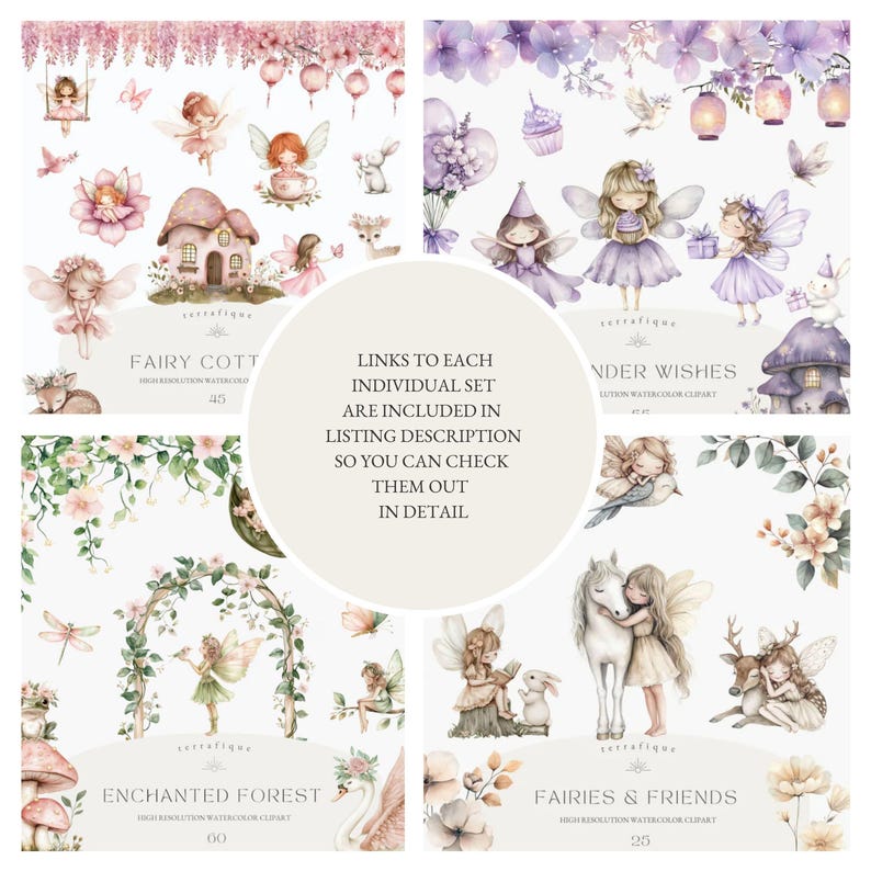 May include: Four digital illustrations of watercolor clipart featuring fairies, flowers, and woodland creatures. The sets are titled "Fairy Cottage", "Under Wishes", "Enchanted Forest", and "Fairies & Friends".