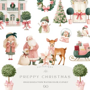 Puede incluir: Conjunto de imágenes prediseñadas de acuarela con temática navideña preppy. La imagen incluye ilustraciones de una casa, coronas, un árbol de Navidad, un muñeco de nieve, Papá Noel, un ciervo, una bola de nieve y un trineo lleno de regalos. La paleta de colores es suave, con acentos rosas y verdes.