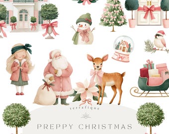 May include: Watercolor clipart set featuring a preppy Christmas theme. The image includes illustrations of a house, wreaths, a Christmas tree, a snowman, Santa Claus, a deer, a snow globe, and a sleigh filled with gifts. The color palette is soft, with pink and green accents.