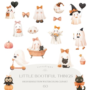 Pode incluir: Conjunto de cliparts em aquarela com fantasmas adoráveis, abóboras, gatos e outros elementos temáticos de Halloween. Os fantasmas são adornados com laços e acessórios. O texto diz "Little Bootiful Things" e "High Resolution Watercolor Clipart 60".