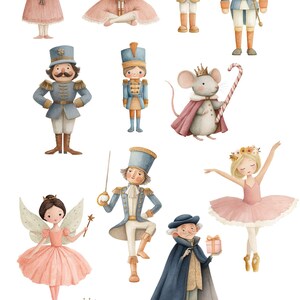 K&ouml;nnte beinhalten: Aquarell-Clipart mit Figuren aus dem Ballett Der Nussknacker. Enth&auml;lt eine Ballerina, eine Fee, einen M&auml;usek&ouml;nig und Nussknacker-Soldaten in Rosa, Blau und Gold. Der Text "THE NUTCRACKER" steht oben.