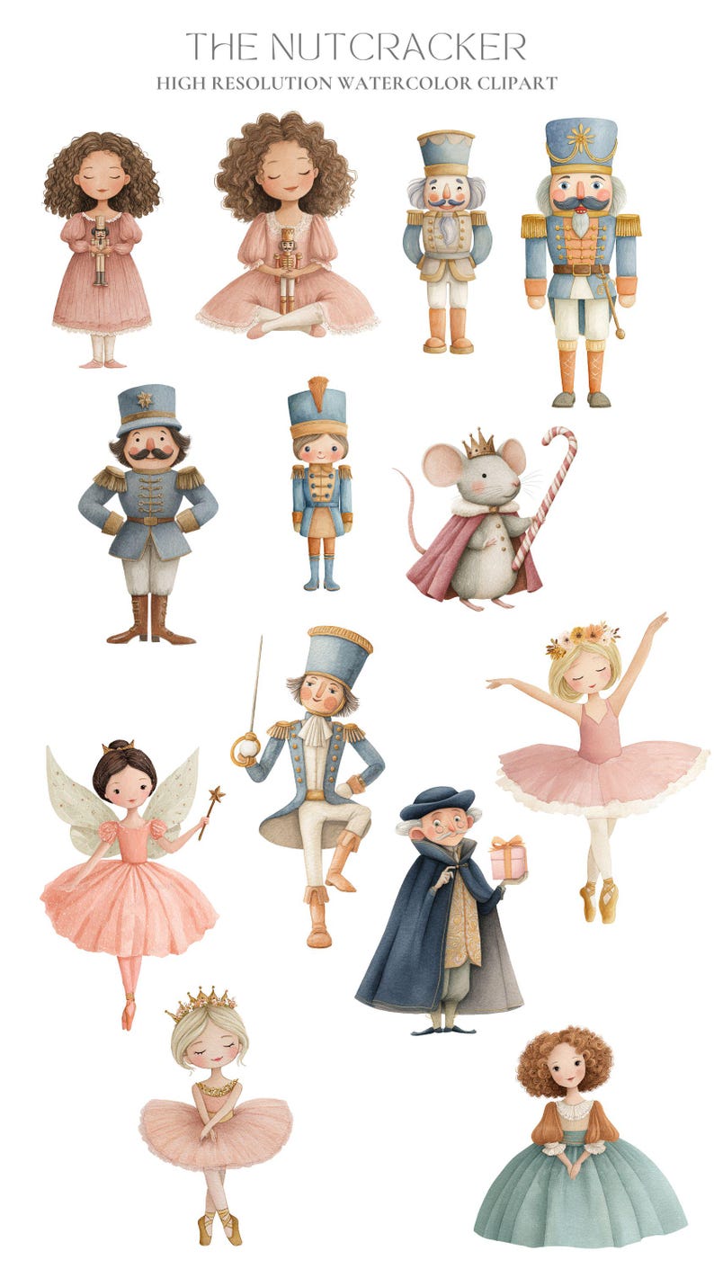K&ouml;nnte beinhalten: Aquarell-Clipart mit Figuren aus dem Ballett Der Nussknacker. Enth&auml;lt eine Ballerina, eine Fee, einen M&auml;usek&ouml;nig und Nussknacker-Soldaten in Rosa, Blau und Gold. Der Text "THE NUTCRACKER" steht oben.