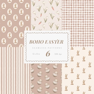 Patrones sin costuras de Pascua boho, papeles digitales, fondos de estilo cottagecore en tonos pastel, conejito de Pascua, flores y beige neutros, uso comercial