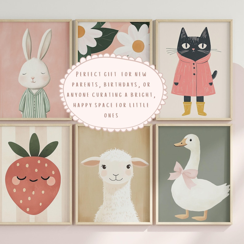 May include: Set of six framed art prints featuring whimsical animal illustrations. Includes a bunny, cat, strawberry, flowers, lamb, and duck. The prints are in soft pastel colors and are suitable for a nursery or children's room.