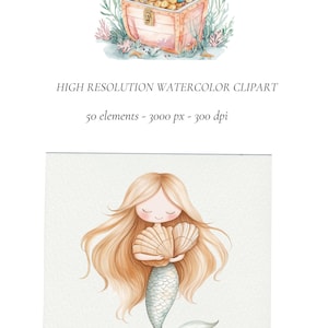 Puede incluir: Una ilustraci&oacute;n de acuarela de una sirena sosteniendo dos conchas. La sirena tiene el pelo largo y rubio y una cola azul claro. El fondo es azul claro.