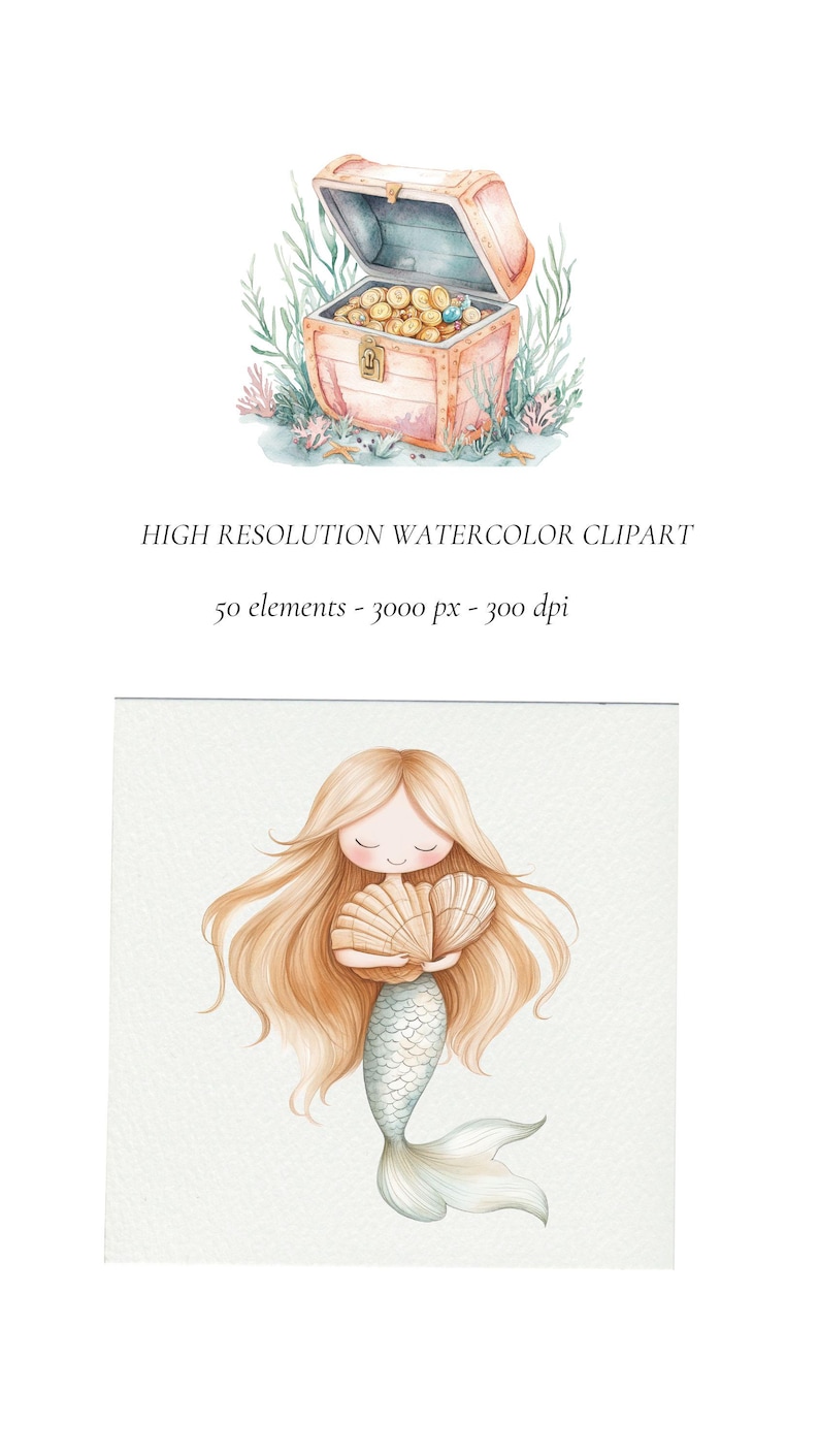 Puede incluir: Una ilustraci&oacute;n de acuarela de una sirena sosteniendo dos conchas. La sirena tiene el pelo largo y rubio y una cola azul claro. El fondo es azul claro.