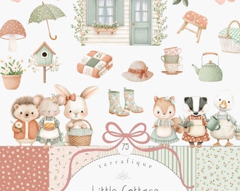 Little Cottage Clipart Vintage Watercolor Cute Animals Spring Sage Green Pink Floral Graphics PNG Seamless Patterns Bundle