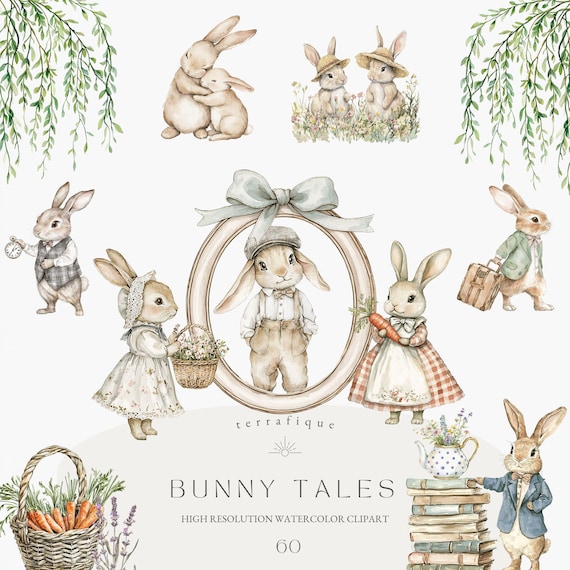 Vintage Bunny Watercolor Clipart: Cottagecore Easter PNG (Digital Download)