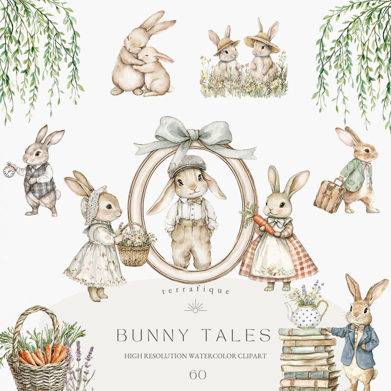 May include: Watercolour clipart set featuring adorable bunnies in various poses. The set includes bunnies holding carrots, a clock, a suitcase, and a book. The bunnies are surrounded by flowers and greenery. The text "Bunny Tales" is written in a whimsical font.